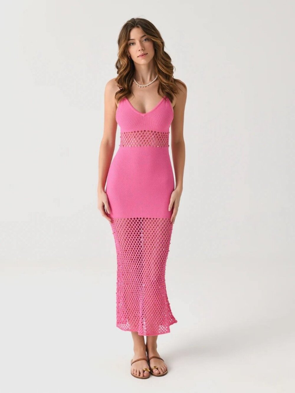 The Wolf Gang Size M Perla Knit Maxi Dress Pink Beaded NEW - Picture 1 of 16